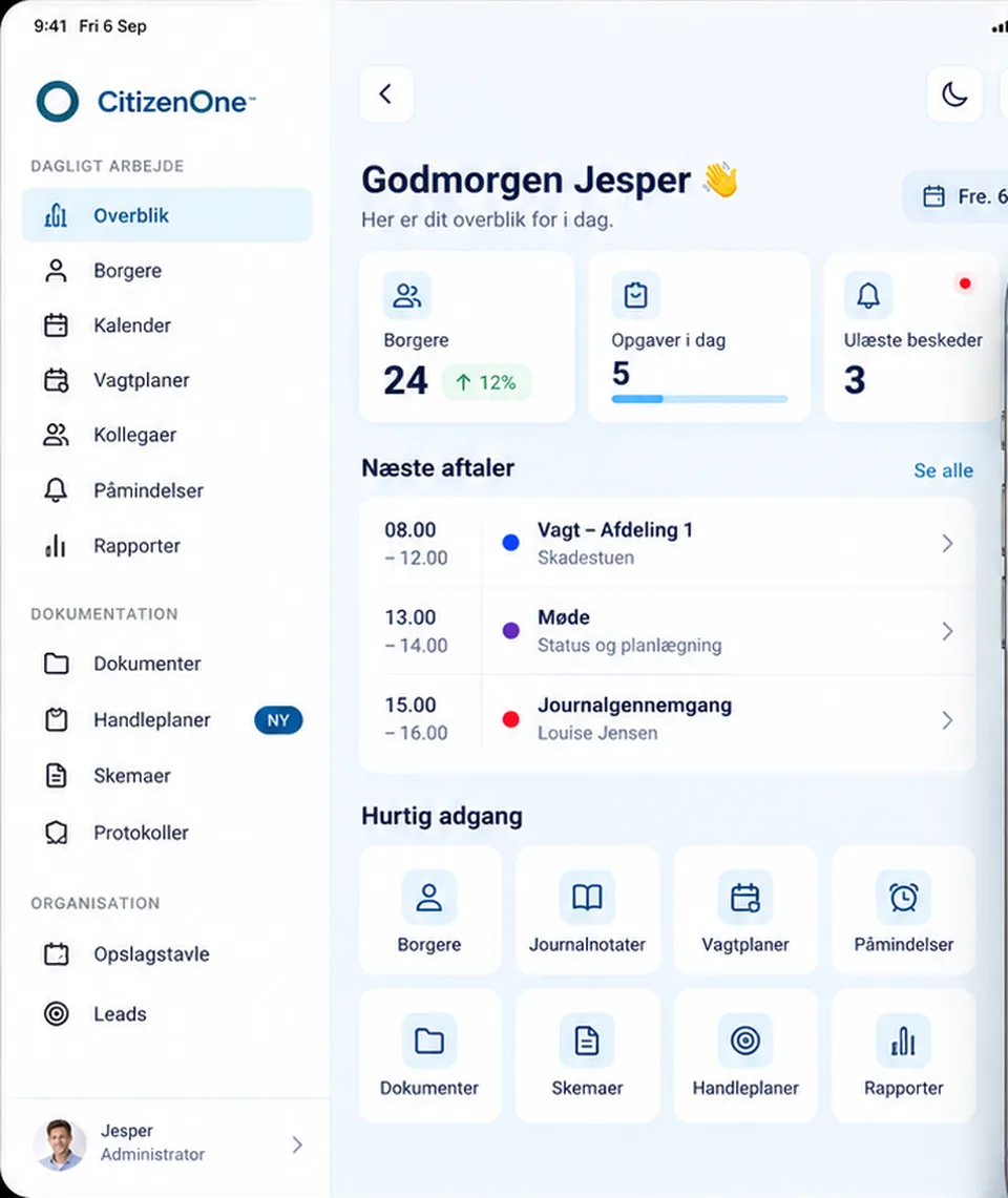 CitizenOne på en iPad: sidofältet med moduler till vänster och dagens översikt med bokningar och snabbåtkomst till höger.