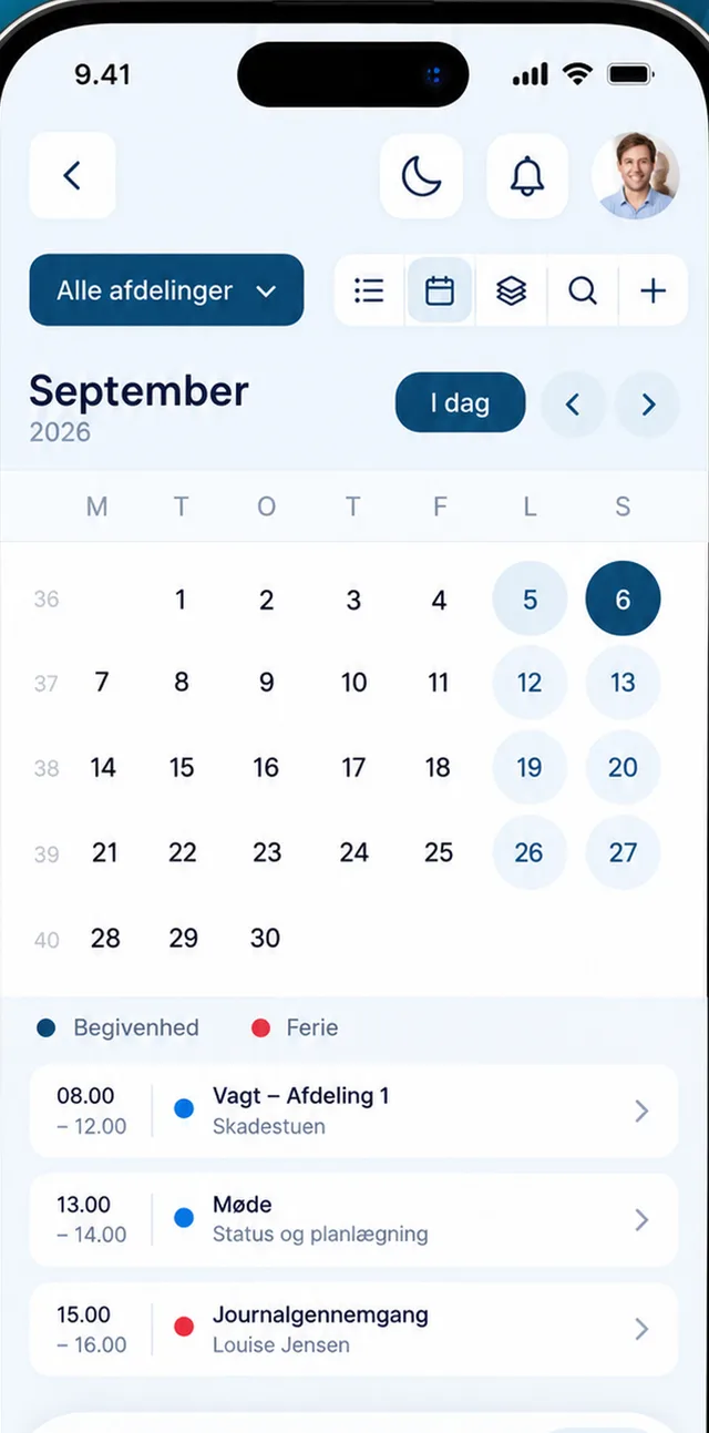 Kalendern i CitizenOne-appen med månadsöversikt och dagens pass och möten.