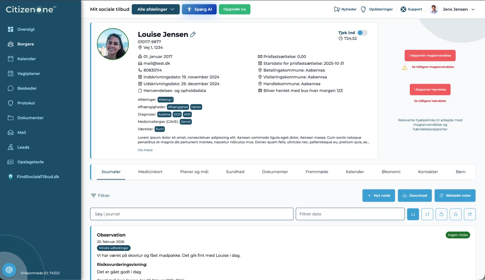 CitizenOne på en dator: medborgarens journal med personuppgifter, flikar och journalanteckningar.